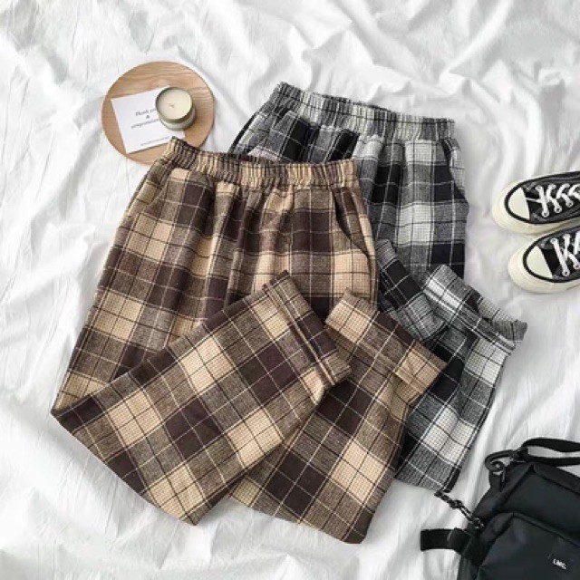 Quần baggy ống rộng kẻ caro Unisex nam nữ