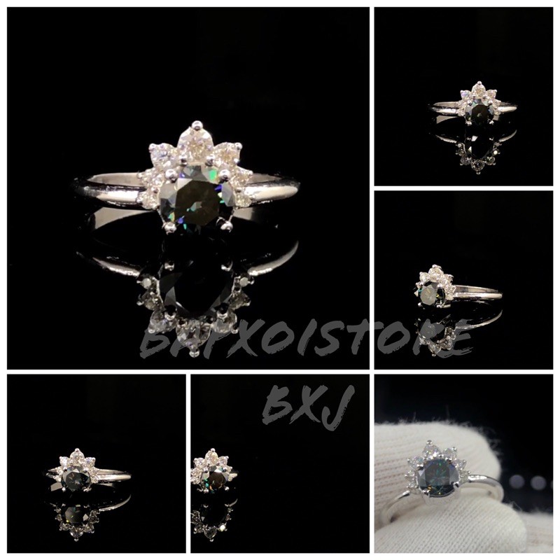 Nhẫn FULL Moissanite: Viên chủ Moissanite 5,8ly+ Tấm full Moissanite; Chất liệu: Bạc mạ bạch kim