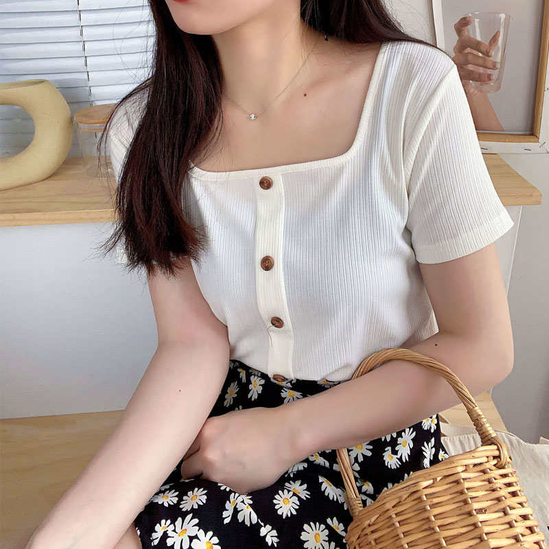 Có Sẵn Áo Phông Vuông Thun Áo Croptop Vintage Ins Ngắn Tay T-shirt Ngắn Dệt Kim Tops Phong Cách Hàn Quốc Ngắn Tay