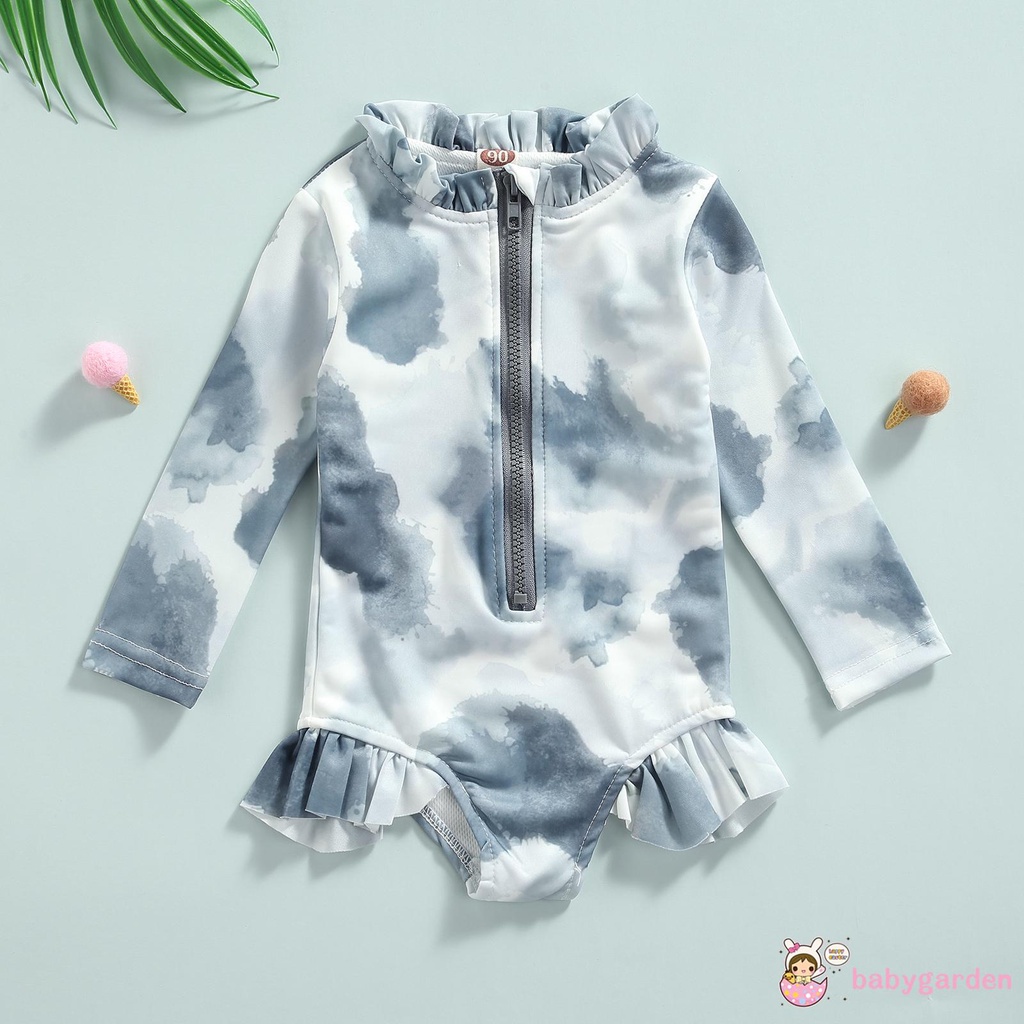 Bộ Đồ Bơi Liền Thân Tay Dài Cổ Tròn Màu Nhuộm Có Khóa Kéo Và Diềm Xếp Nếp Cho Bé Gái