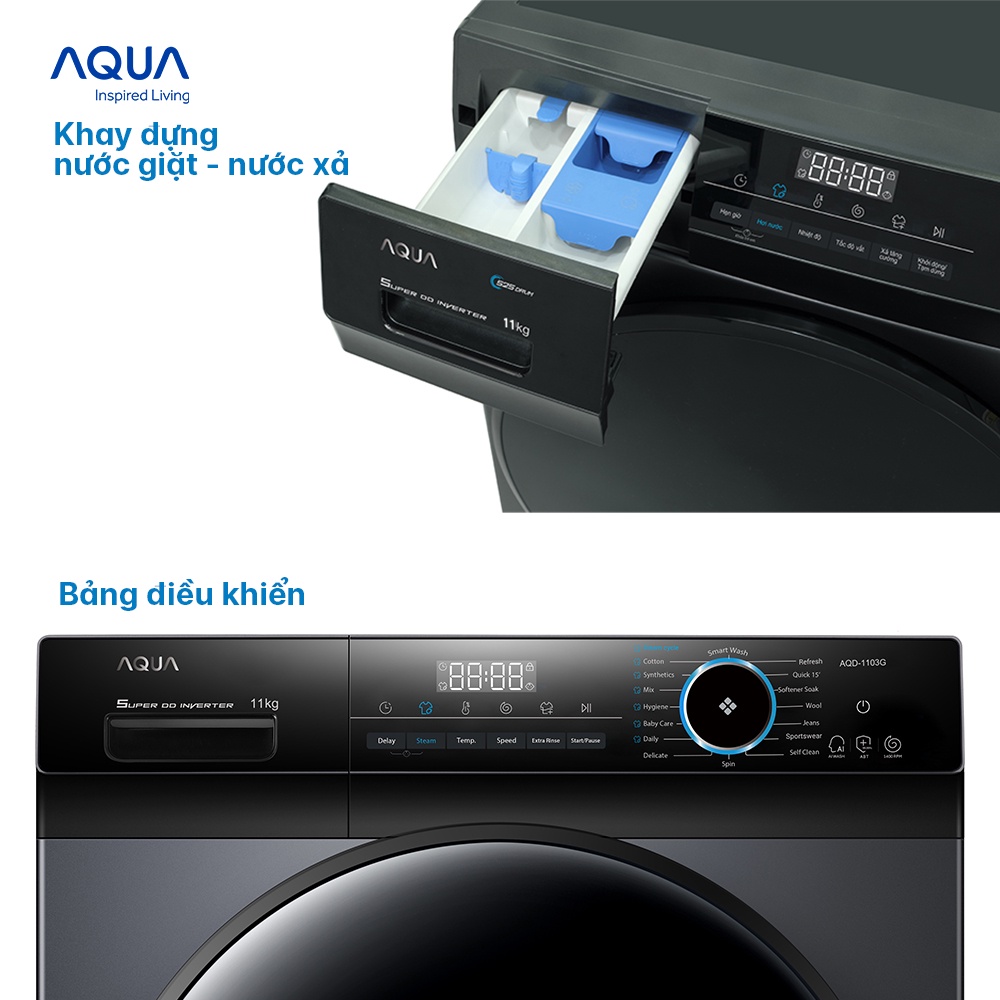 Freeship Toàn Quốc - Máy giặt cửa trước Aqua 11kg AQD-D1103G.BK