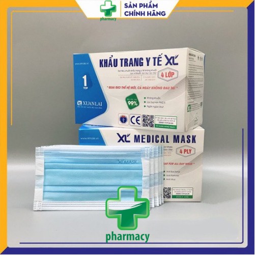 Hộp 50 Chiếc, 1 gói 10  cái Khẩu Trang Y Tế 4 Lớp Kháng Khuẩn Chuẩn Xuân Lai Quai Đeo Không Đau Tai