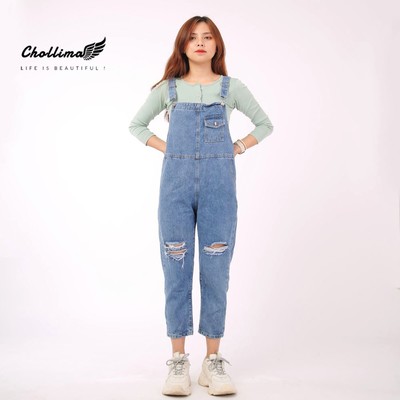 Quần yếm jean dài nữ Chollima túi đồng hồ rách gối YJ005