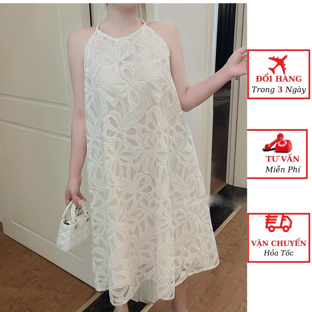 Váy ren nữ hoa nổi cổ yếm dáng suông dài maxi sát nách đi biển du lịch ulzzang Hàn Quốc đầm bầu