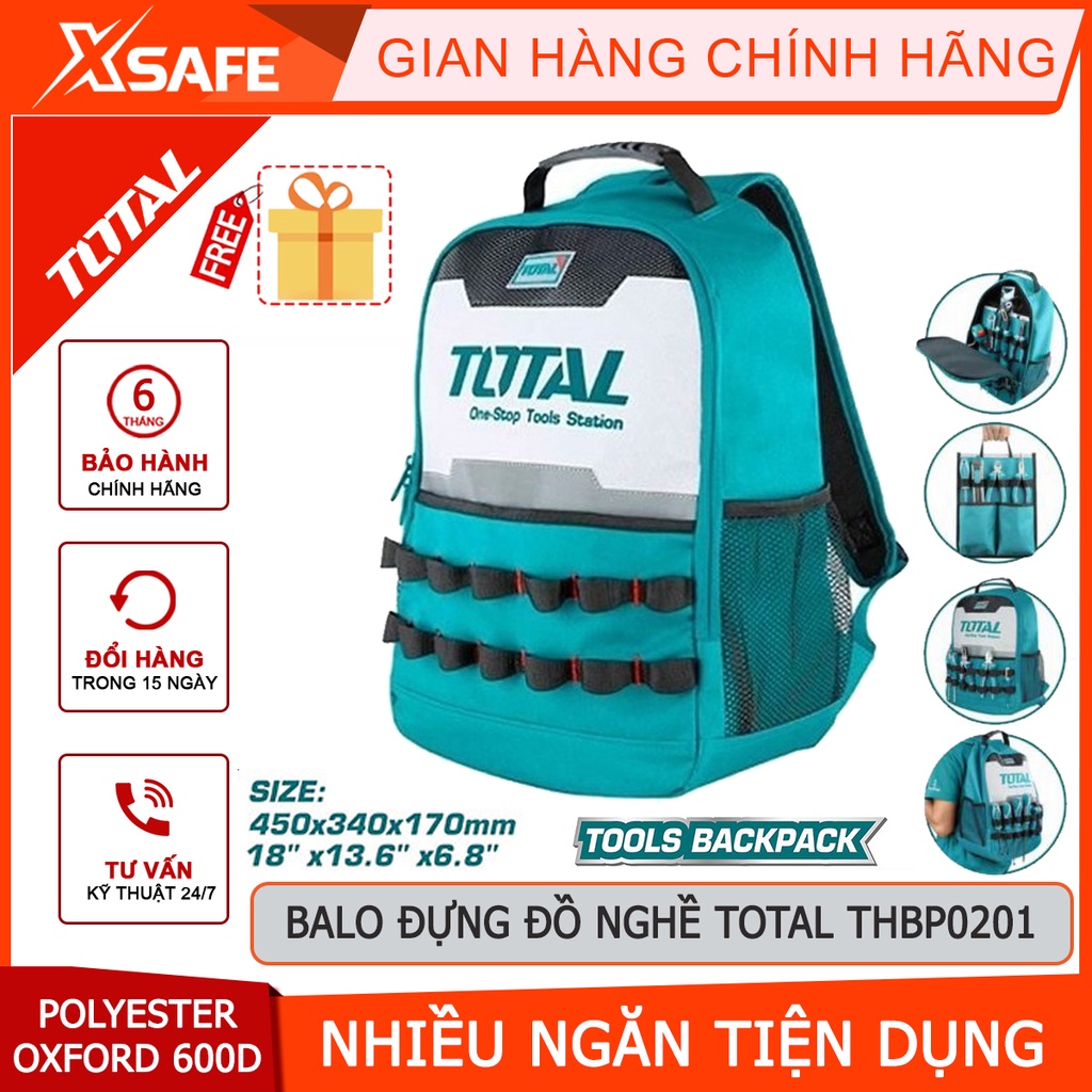 Balo đựng đồ nghề TOTAL THBP0201 nhiều ngăn, chất liệu polyester oxford 600D chắc chắn, chứa dụng cụ, phụ kiện, máy móc