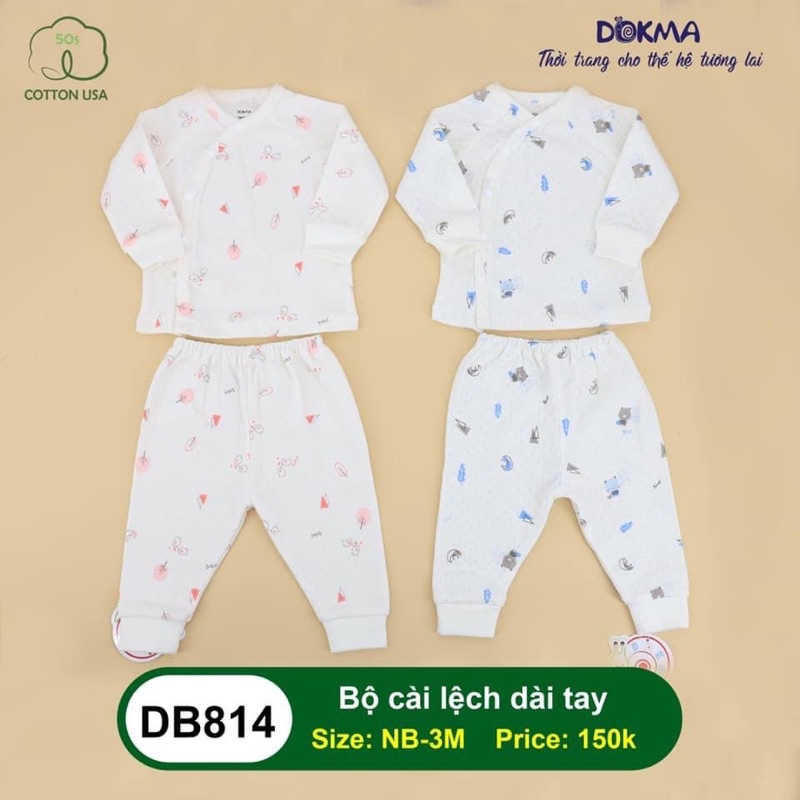 Bộ cài lệch dài tay Dokma trắng in gấu cho bé