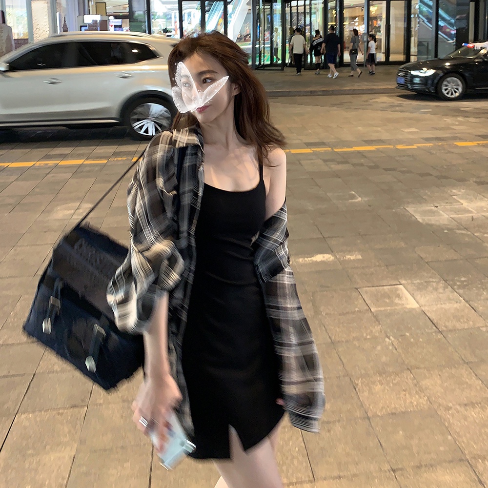 【STOCK】áo sơ mi trong váy phù hợp với nữ mùa hè năm 2021 mới kẻ sọc chống nắng áo sơ mi xẻ tà váy hai mảnh