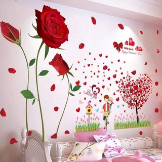 Decal dán tường hoa hồng đỏ to và cây trái tim cặp đôi