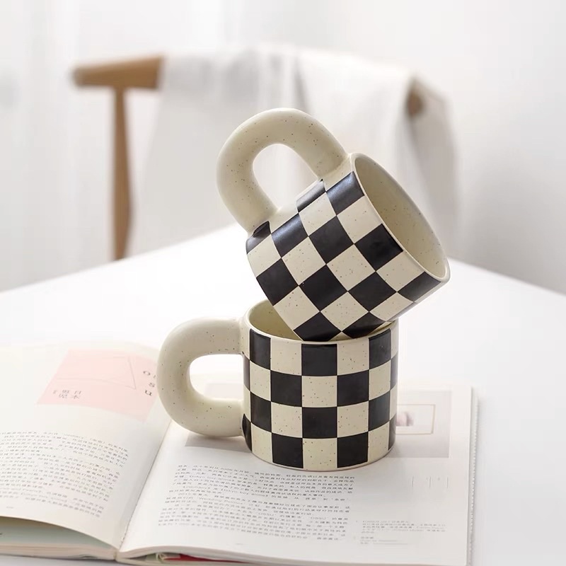 Cốc Sứ, Ly Sứ Bắc Âu Retro Kẻ Caro Đen Trắng Vintage