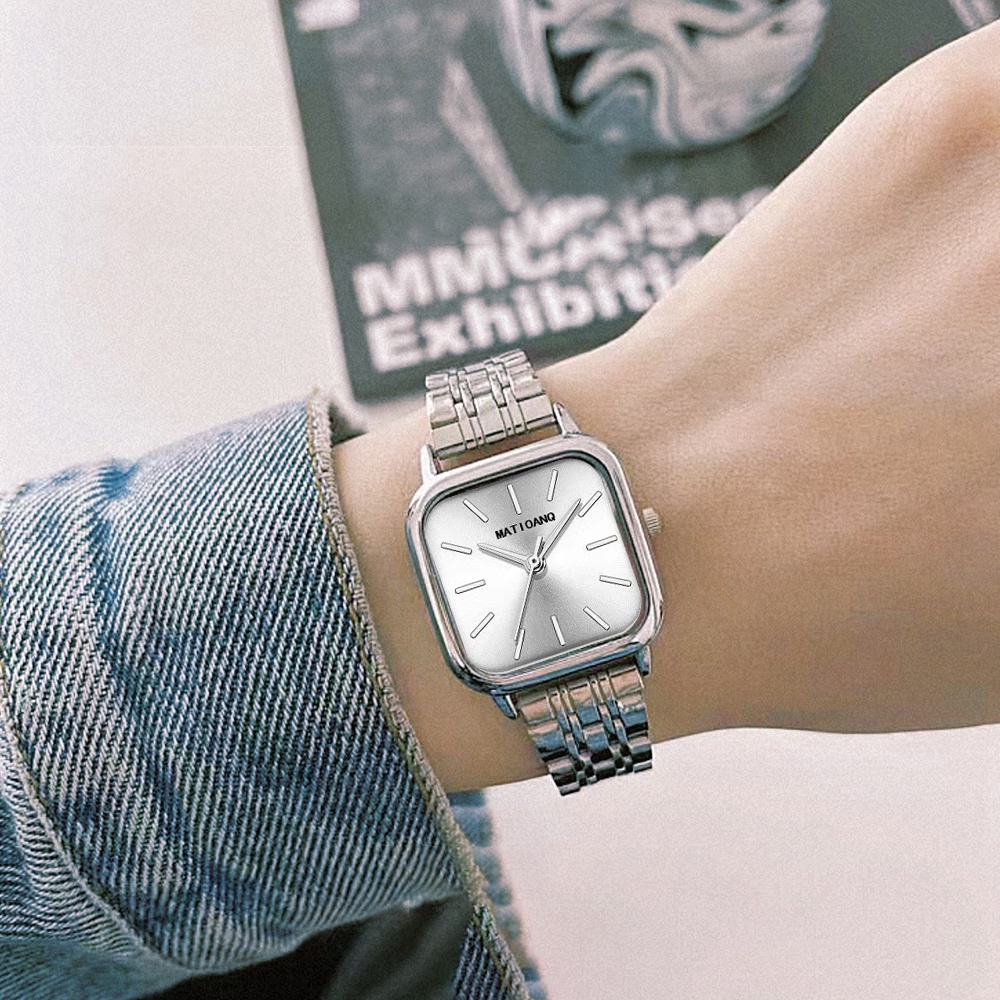 Đồng Hồ Nữ Dây Thép Lưới Mặt Vuông Đơn Giản Phong Cách Hàn Quốc