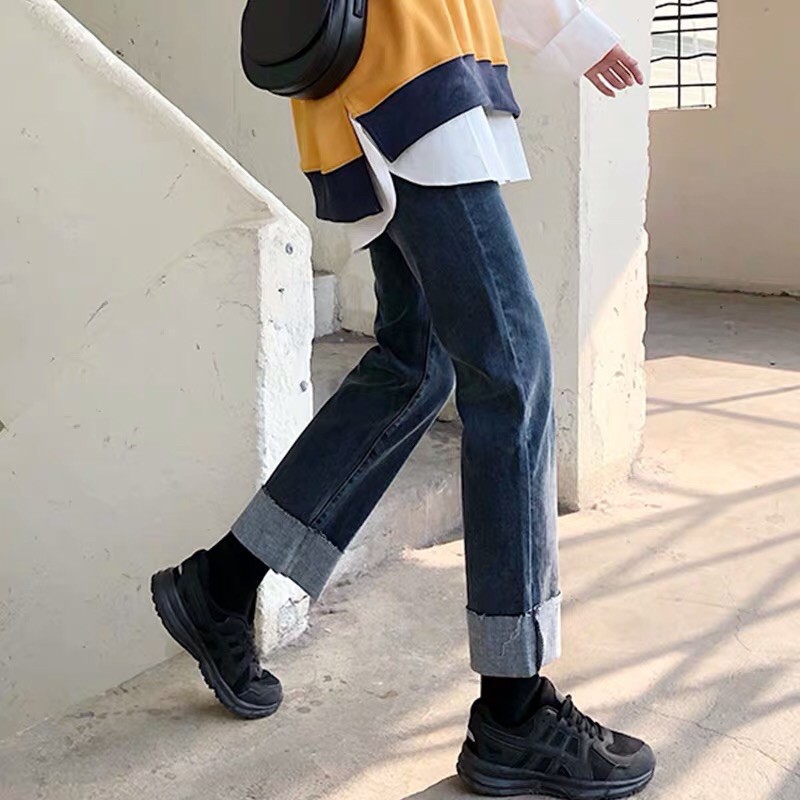 Quần Jeans Lưng Cao Ống Suông Lật Lai Phong Cách Hàn Quốc