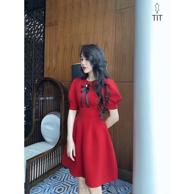 Bán sỉ váy đỏ tay bồng đính nơ đen