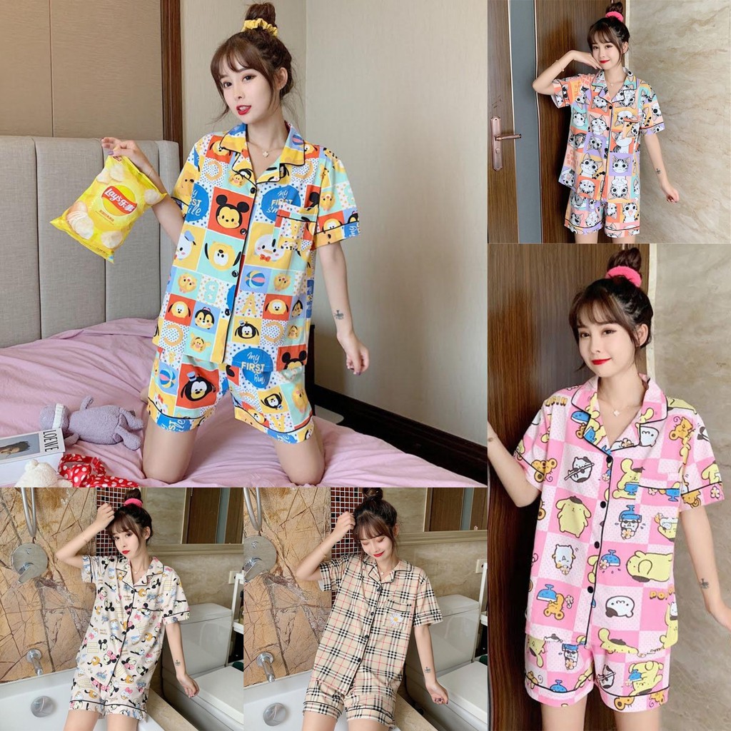 Đồ bộ Pijama quần đùi áo cộc tay hoạt hình dễ thương mặc ngủ mặc nhà cho nữ | BigBuy360 - bigbuy360.vn