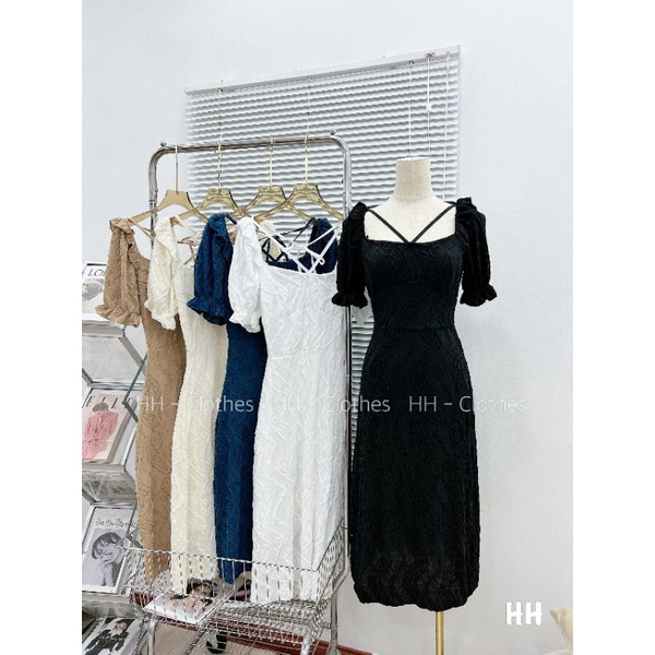 Váy xốp hoa nổi tay bồng dây chéo