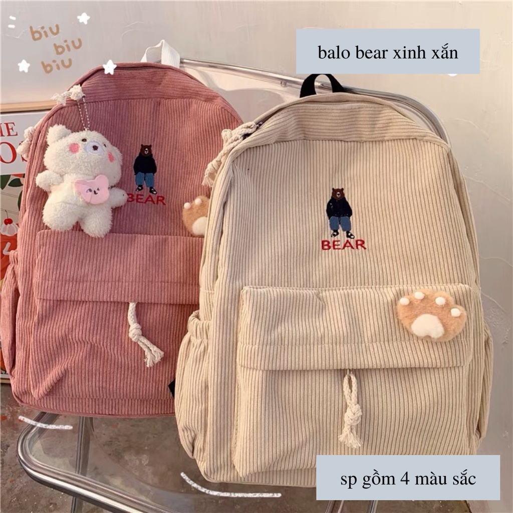 Balo học sinh thời trang chất nhung hoạ tiết Bear cute, cặp sách nhiều ngăn dựng vừa laptop giấy A4 tặng kèm sticker