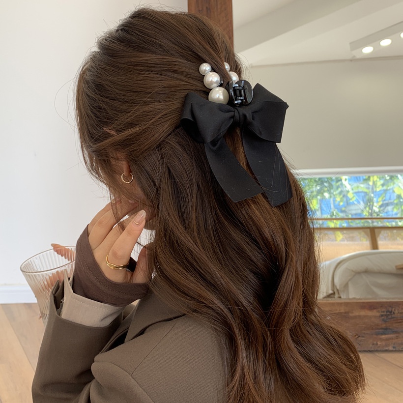 Kẹp Tóc Đính Nơ Ruy Băng Và Ngọc Trai Phong Cách Hàn Quốc Dành Cho Nữ