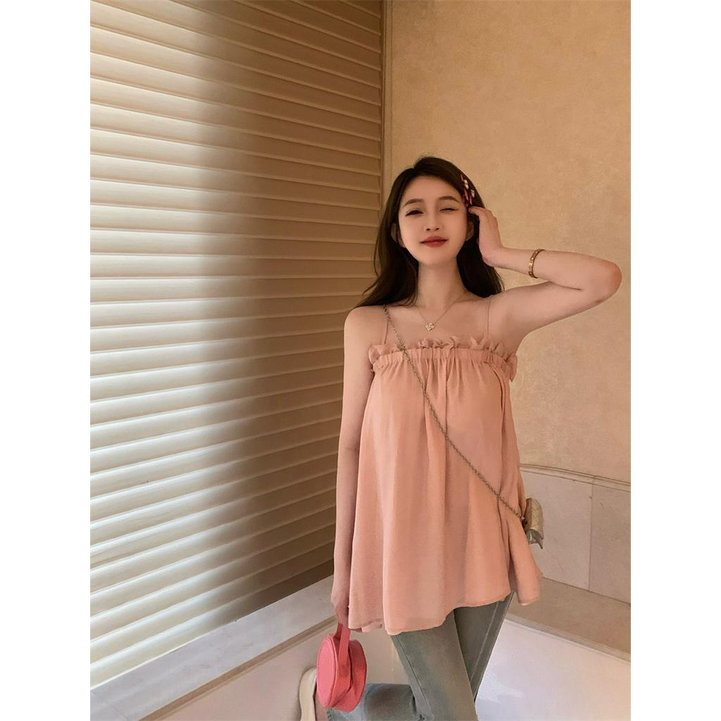 Áo Voan Hai Dây Không Tay Viền Gỗ Kiểu Dáng Ngọt Ngào Nữ Tính