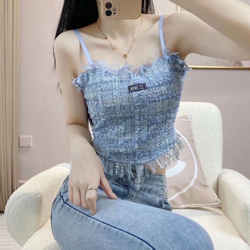 Mẫu mới - Áo bra croptop vải tweed kèm đệm lưng chun hot hit