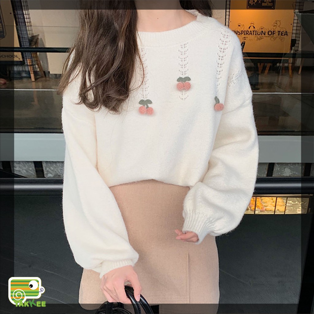 Áo len form rộng đính quả bông đáng yêu siêu cấp