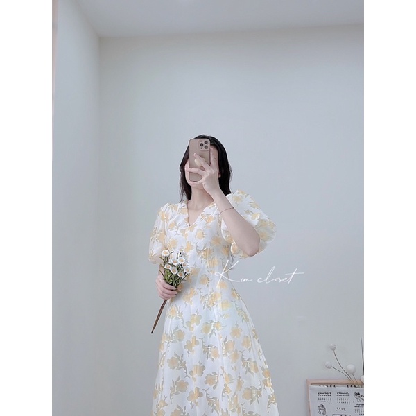 Đầm hoa gấm ép tay bồng dáng Maxi sang chảnh [hình chụp thật]
