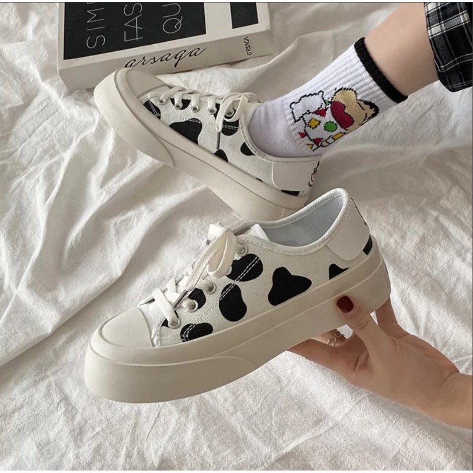 Giày thể thao nữ Ulzzang bò sữa đế bằng bánh mì vải mềm màu đen trắng năng động trẻ trung hot trend đẹp