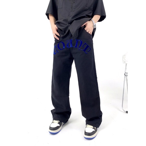 Quần Jean thêu hình con dơi xanh/ quần jean nam nữ ống đứng