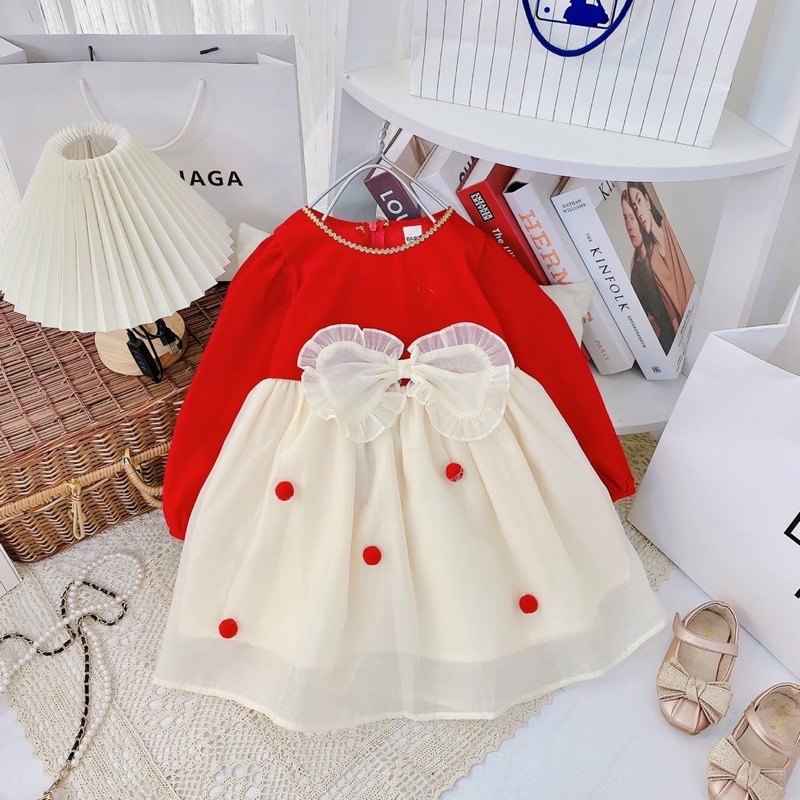 Váy nhung viền xích bo tay phối voan bé gái