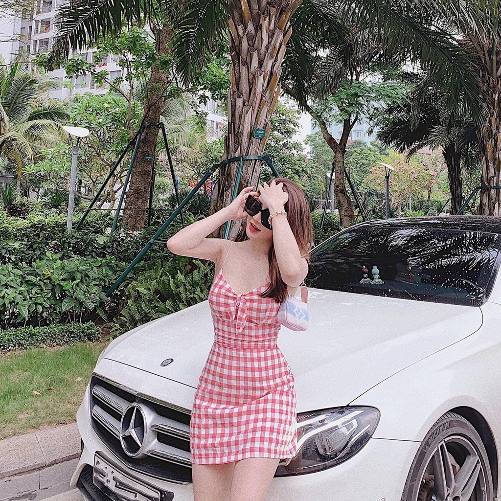 Đầm kate họa tiết caro hai dây thắt nơ trước ngực sexy TTSA0315