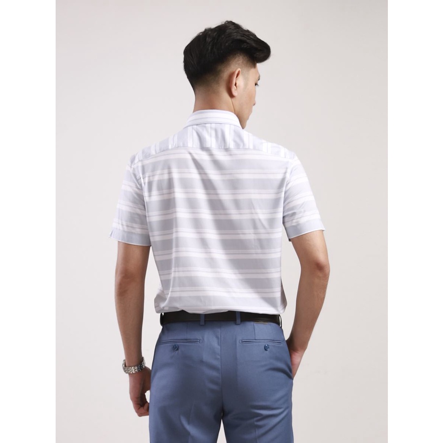 Áo sơ mi nam ngắn tay ARISTINO ASS076S8 xám kẻ trắng ngang, chất modal sợi sồi, tà bằng, dáng reguler fit