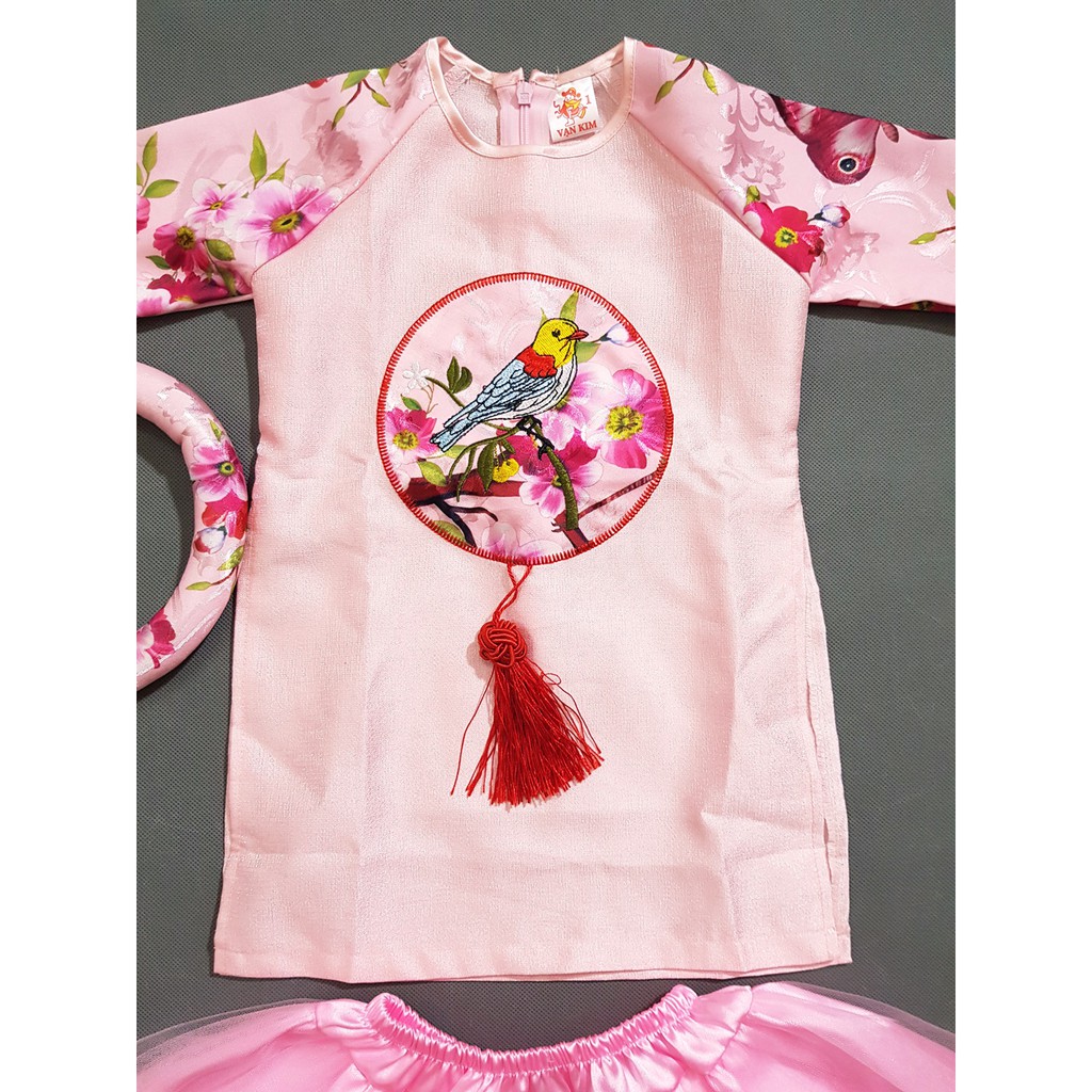 Bộ áo dài váy bé gái thêu chim hoa mùa xuân kèm mấn