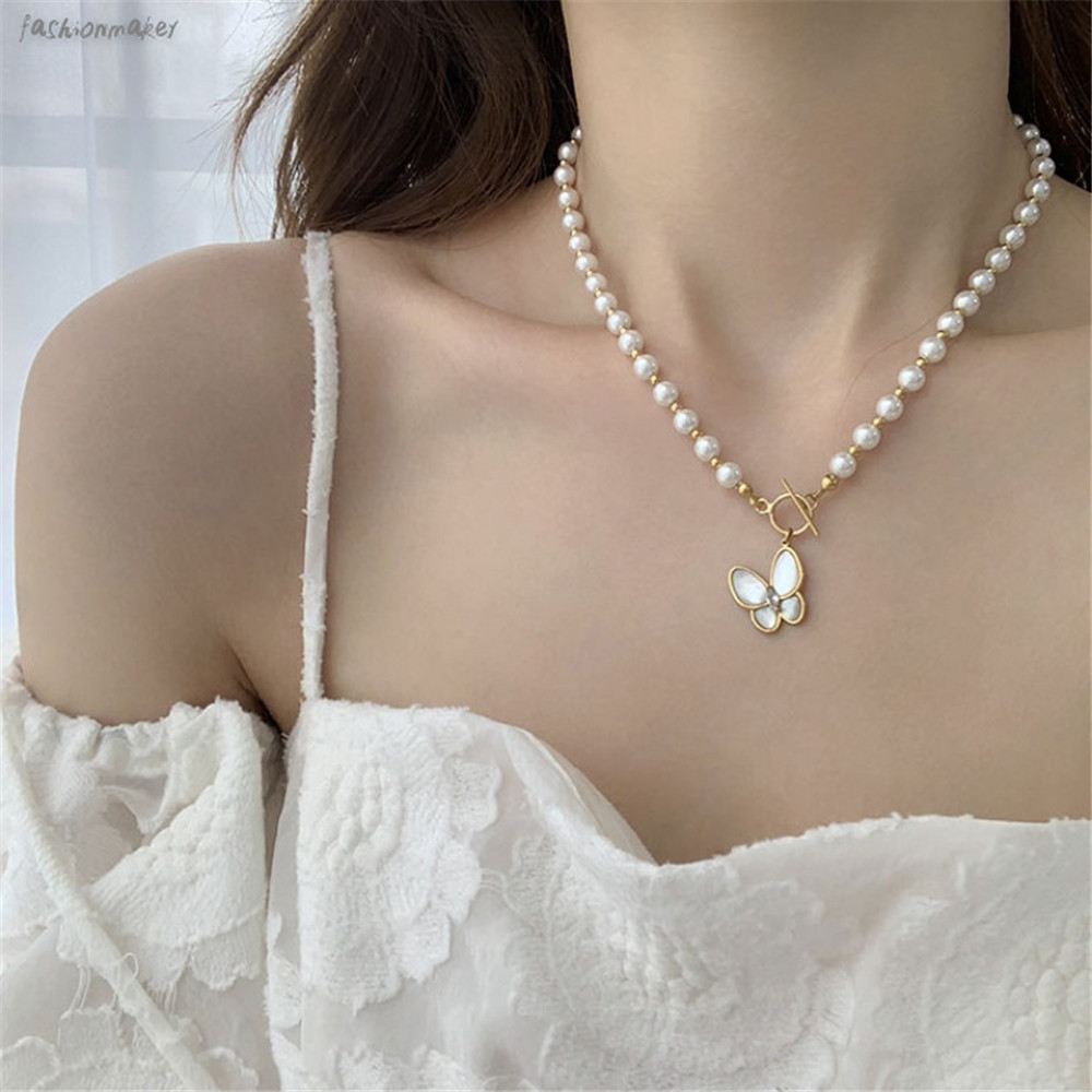 Dây chuyền mặt hình bướm đính ngọc trai thời trang thanh lịch cho nữ Yanqueens Quà tặng phụ kiện