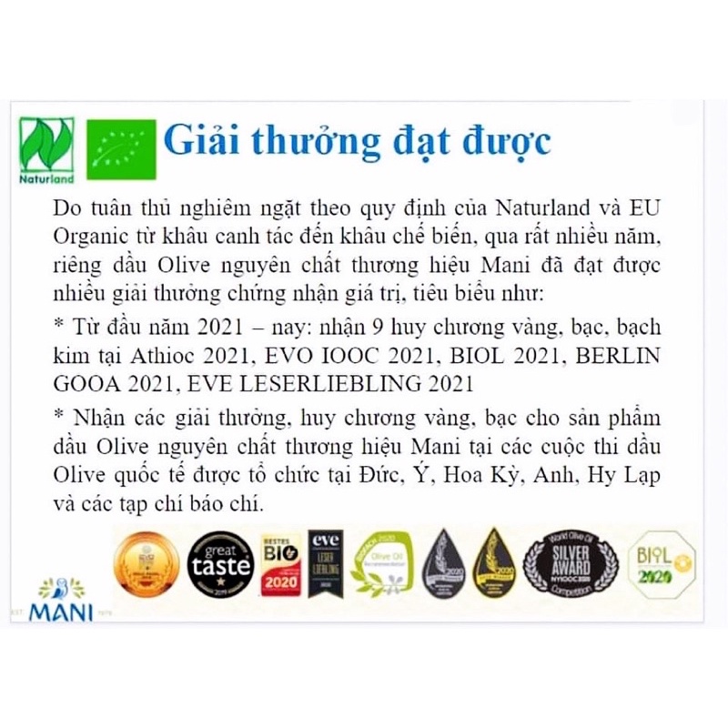 Dầu oliu (olive) hữu cơ Mani 250ml và 500ml (date 1.2024)