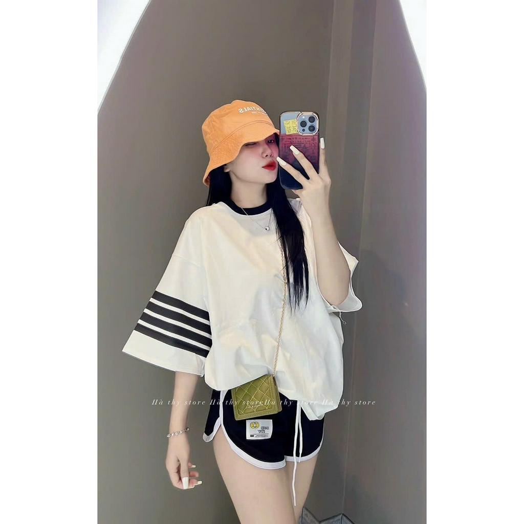 Sét bộ đồ nữ áo cổ tròn họa tiết tay kẻ ngang xinh xắn mix quần đùi duyên dáng cá tính đi chơi