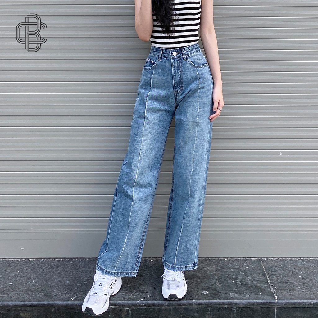 Quần jean ống rộng nữ lưng cao gân giữa cá tính - La’coba