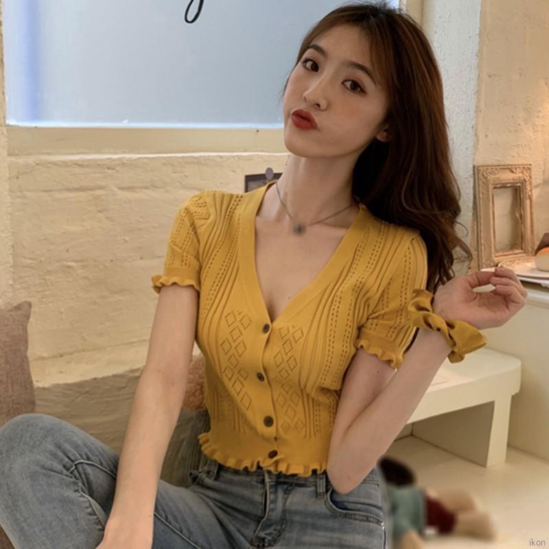 Áo Lửng Ngắn Tay Đính Nút Thời Trang Cho Nữ