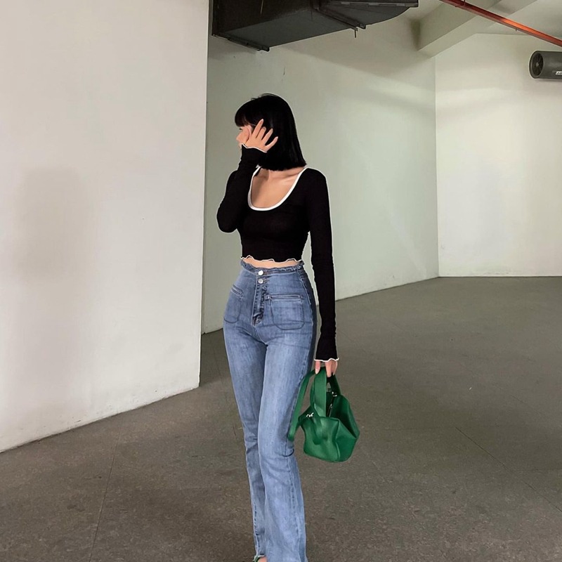 DUNEA Áo Thun Tay Dài Cổ Vuông Màu Sắc Tương Phản Quyến Rũ Cho Nữ 3.3