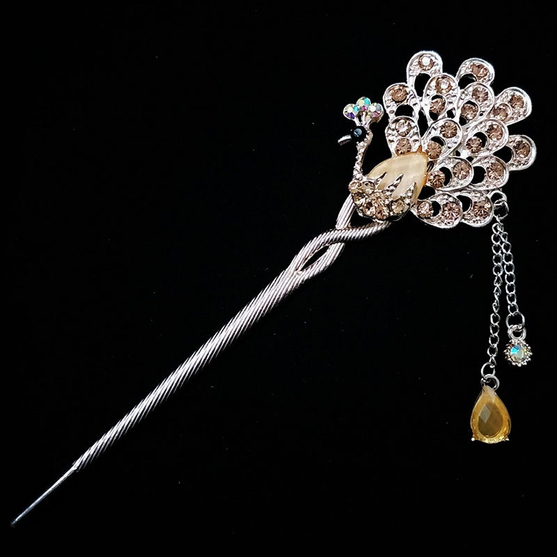 Trâm cài tóc đính đá họa tiết chim công tua rua vintage