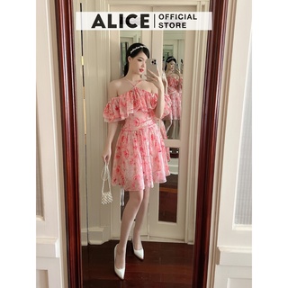 Váy tiểu thư trễ vai tơ óng alice thiết kế cổ yếm phối họa tiết hoa sang chảnh v805
