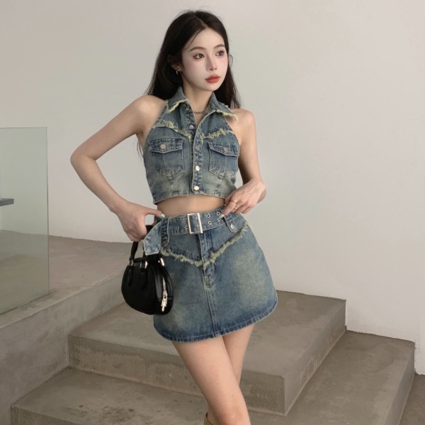 Bộ Áo Denim Không Tay Phối Chân Váy Denim Lưng Cao Thời Trang Mùa Hè Quyến Rũ Cho Nữ