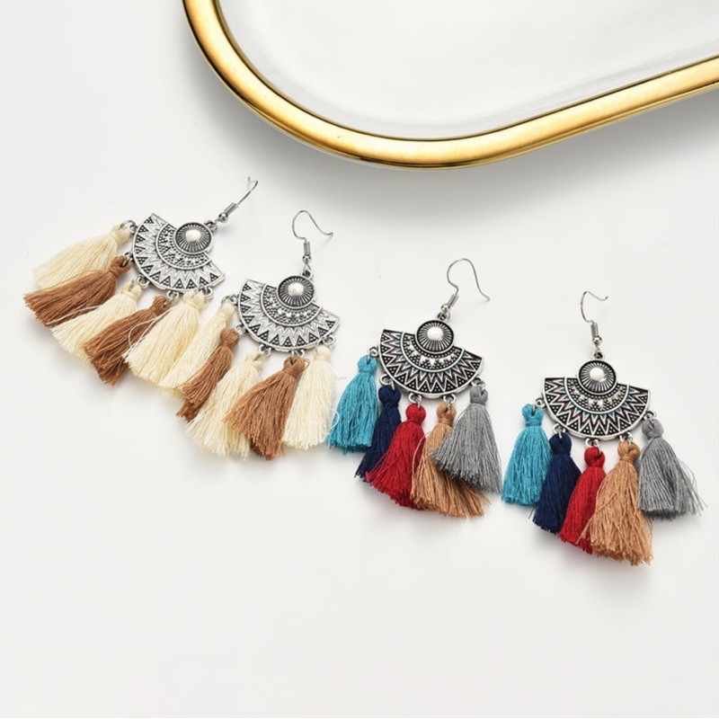 Khuyên tai bông tua rua phong cách bohochic vintage hoạ tiết độc đáo phụ kiện du lịch đi biển bohomian retro Lenvintage
