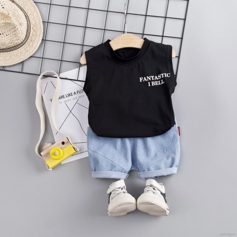 Bộ áo thun ba lỗ + quần ngắn hoạ tiết in đơn giản đáng yêu chi bé