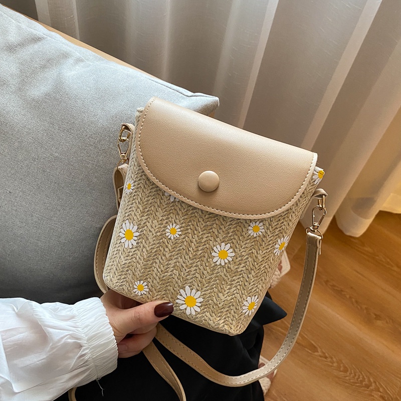 Túi Xách Cói Đeo Chéo Hoa Cúc Phối Nắp Da Mới Phong Cách Hàn Quốc