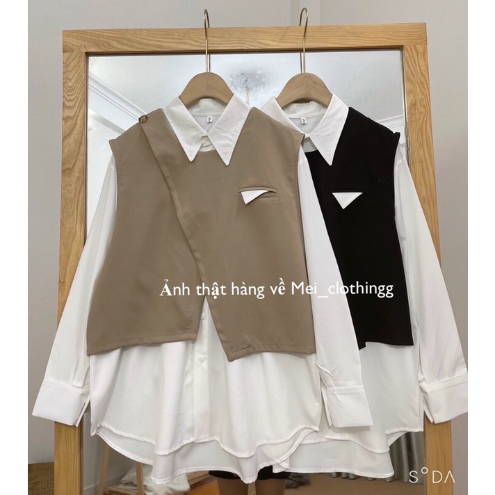 Set sơmi kèm gile ulzzang/ Áo gile vạt chéo sang chảnh