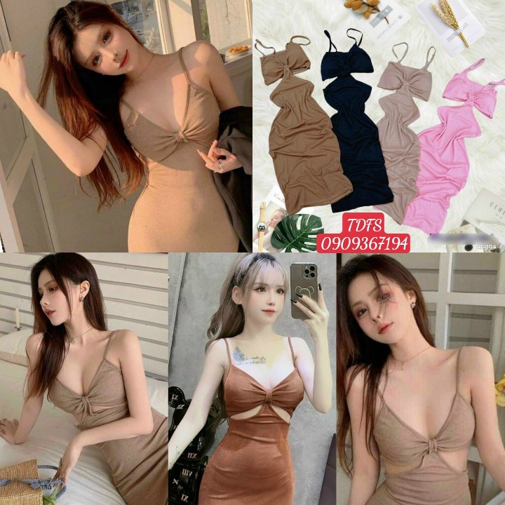 Đầm ôm body hai dây khoét eo xoắn ngực chất thun gân siêu cute