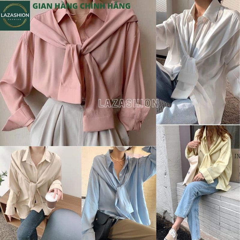 Áo Sơ Mi Nữ form rộng Lụa hàn buộc nơ cổ nhiều mầu đẹp dài tay ulzzang vintage hàn quốc cao cấp trơn -LAZASHION