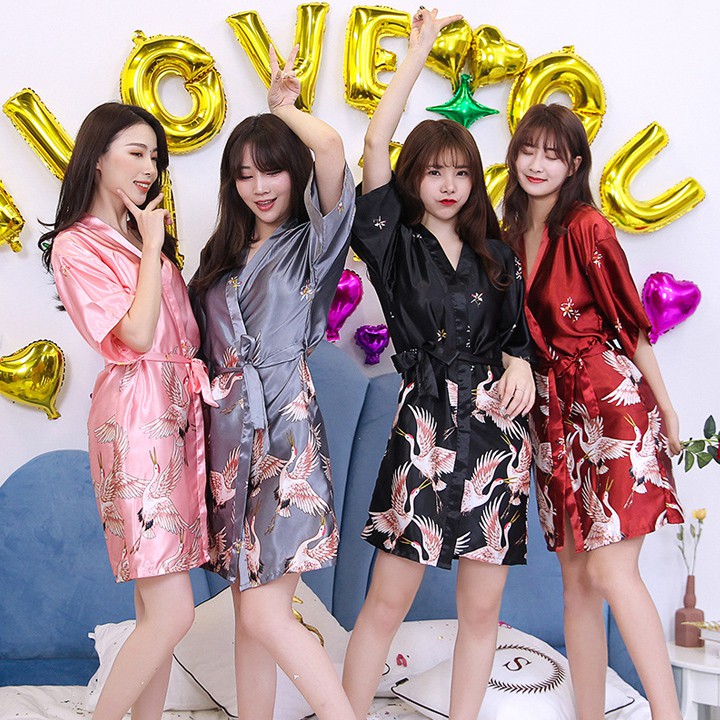 Áo choàng ngủ kiểu kimono in hình chim hạt sang trọng với 4 màu siêu hot