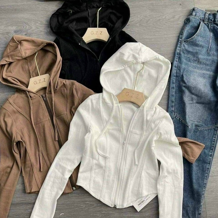 Áo thun kiểu dây kéo dài tay C047 , Áo khoác thun gân l1 có mũ xinh xắn cho nữ dưới 55kg kiểu dáng thời trang cao cấp