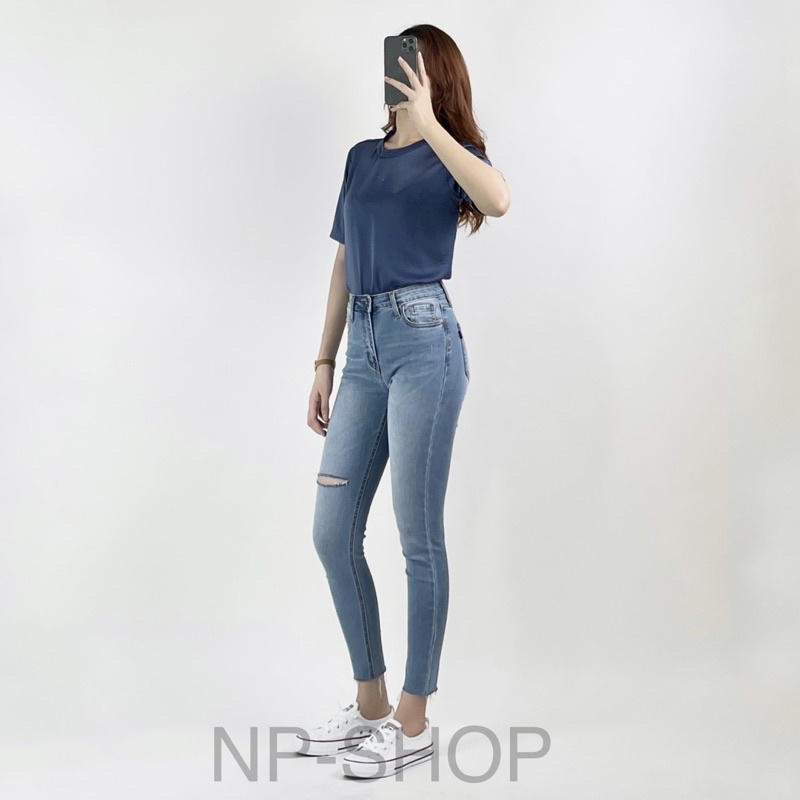 Quần jean nữ lưng cao NP Shop ⚡️ Quần bò nữ 9 tấc dáng ôm cạp cao co giãn kiểu Rách Đùi