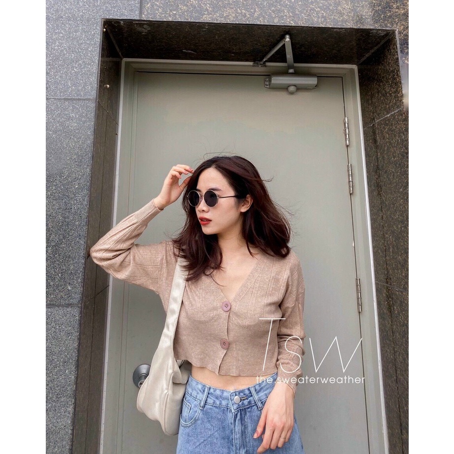 Áo cardigan len croptop cổ V 2 cúc