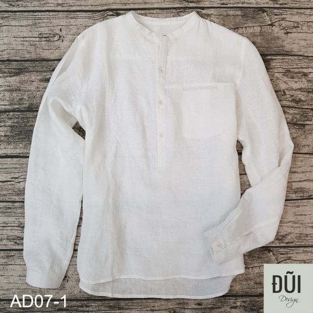 Áo đũi nam chui đầu cổ trụ dài tay trắng M7